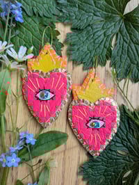 Image 1 of Flaming Heart Earrings - Neon Pink