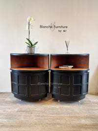 Image 1 of Pair of Nathan Corner Drinks Cabinets in Black and Walnut on Gold Hairpin legs