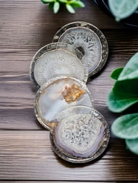 Image 1 of Set of 4 Agate & Clear Quartz Healing Crystal Resin Coasters With Holder 'The Alchemy'