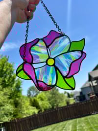 Image 3 of Flower Suncatcher with Handblown Fremont Glass - Stained Glass Pink & Green Floral Window Hanging 