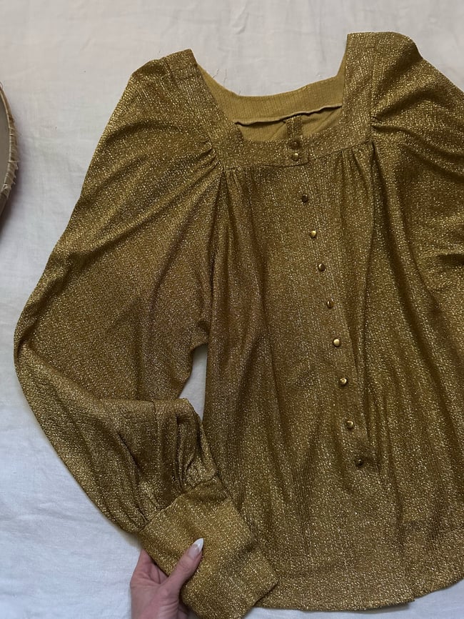 early 70s golden lurex blouse with massive poet sleeves