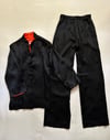 70s satin jacquard trouser set, red lining and hummingbird jacquard 