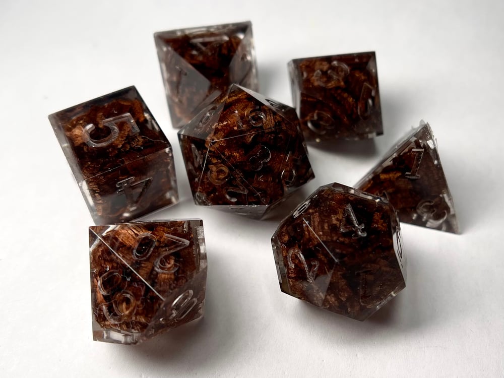 Image of Walnut wood shavings (MADE to order) 7-piece dice set for TTRPG