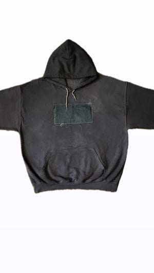 Image of Nwn- インジゴ Indigo Denim Hand dyed Hoodie pullover with sunfaded denim chest piece 