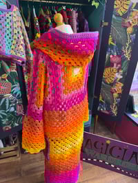 Image 5 of THE PORANGE PRINCESS - crochet art duster - pink orange yellow maxi long hooded cardigan 