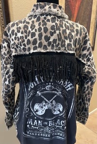 Image 1 of Vintage Leopard Print Denim Black Fringe Jacket Johnny Cash