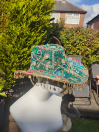 Image 7 of Dolly cowboy hat - recycled sari fabric green pop of pink