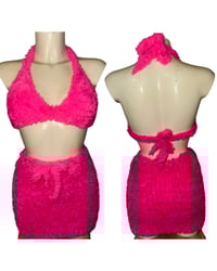 faux fur neon pink top and skirt set