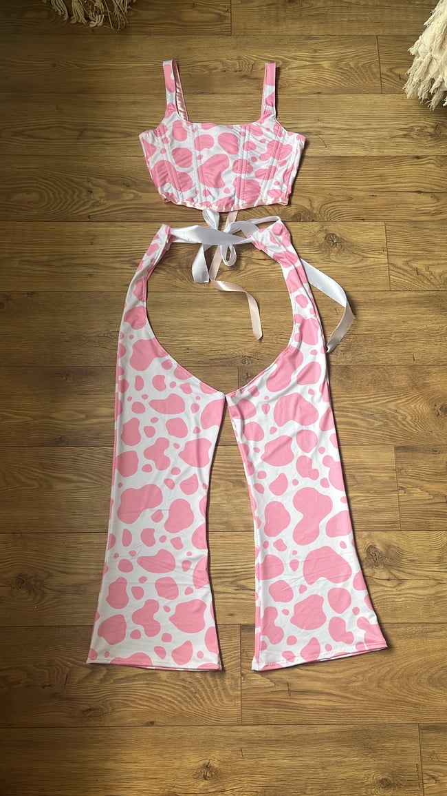 Milkshake cow print sustainable spandex chaps
