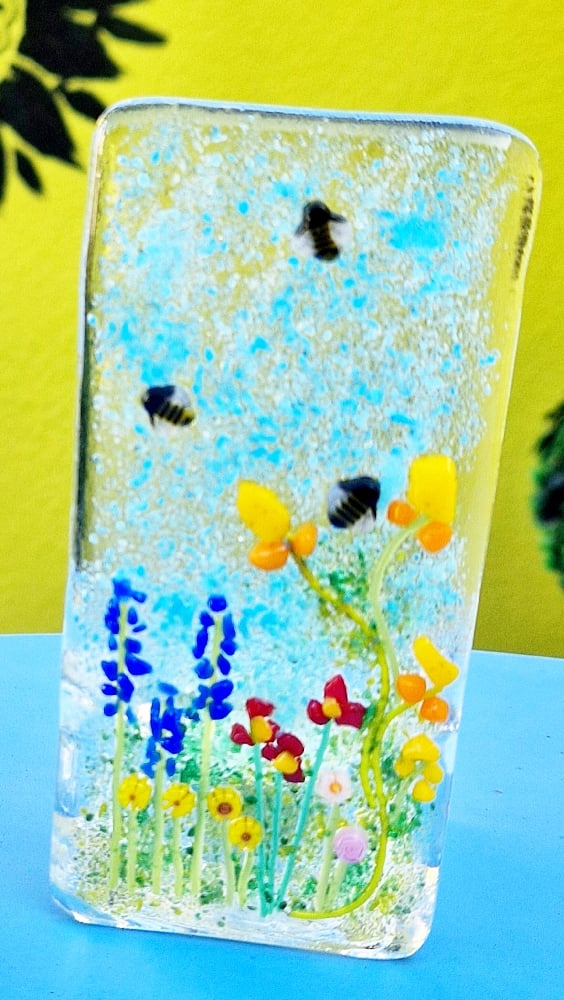Image of Fused Glass Wild Flowers Single Tea Light Holder.