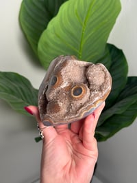 Image 4 of AGATE X AMETHYST STALACTITE HEART ON CUSTOM STAND -URUGUAY- G