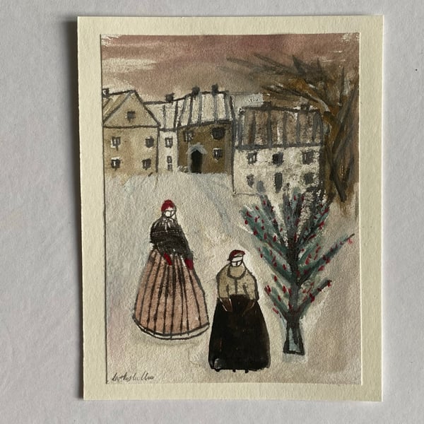 Image of Winter landscape with figures and pink sky - mixed media artwork 