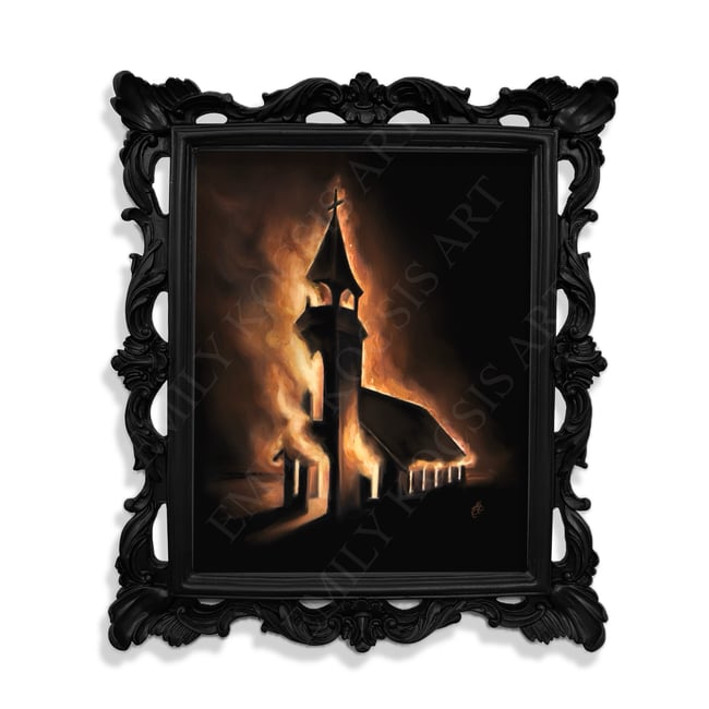 Original Painting Print // ‘Hymn of the Damned’ Burning Church in Oil