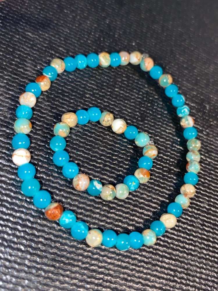 Image of Aqua Serpentinite Jasper Beaded Bracelet & Ring Set