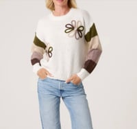 Image 2 of Embroidered Flower Stripe Sleeve Jumper Khaki