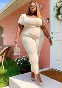 Beige Set: Puff Sleeve Faux Corset Top + Capris