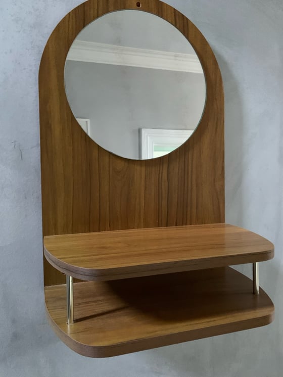 Image of Teak Effect Wall Mirror with Shelf