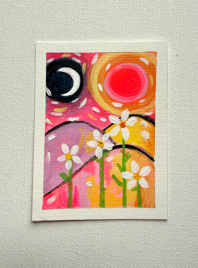 Four little flowers fell in love with the moon. Original mini painting. 