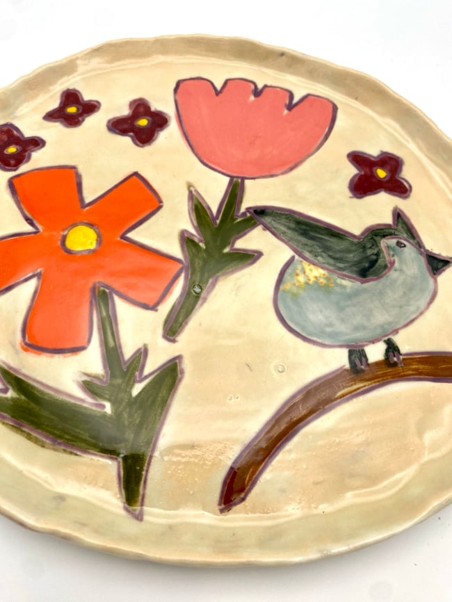 Flowers w Tufted Titmouse Bird Plate 