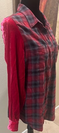 Image 4 of Vintage Funky Red/Black/Gray Flannel Shirt Velvet Sleeves Wild West Cowgirl