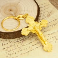 Image 3 of Orthodox Crucifix Keychain Gold Tone Religious Engraved Cross Keyring for Church Souvenir Christian 