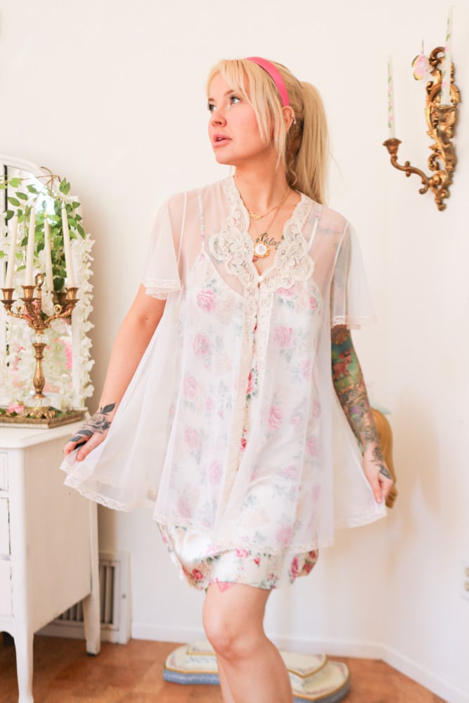 Image of Vintage 1970s Gilead See Through Bed Cape with Lace Details (Medium)