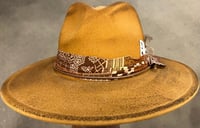 Image 1 of Mustard Painted Fedora Hat Print, Feather & Card Band 