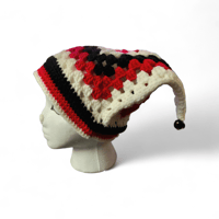 Image 3 of Harlequin Jester Beanie with Painted Jingle Bells, Granny Hexi Crochet Hat, Comic Themed