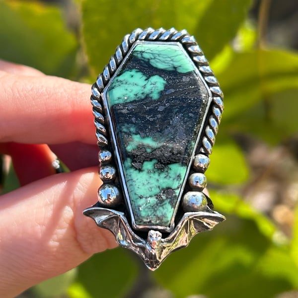 Image of Handmade Sterling Silver Variscite Coffin Bat Ring