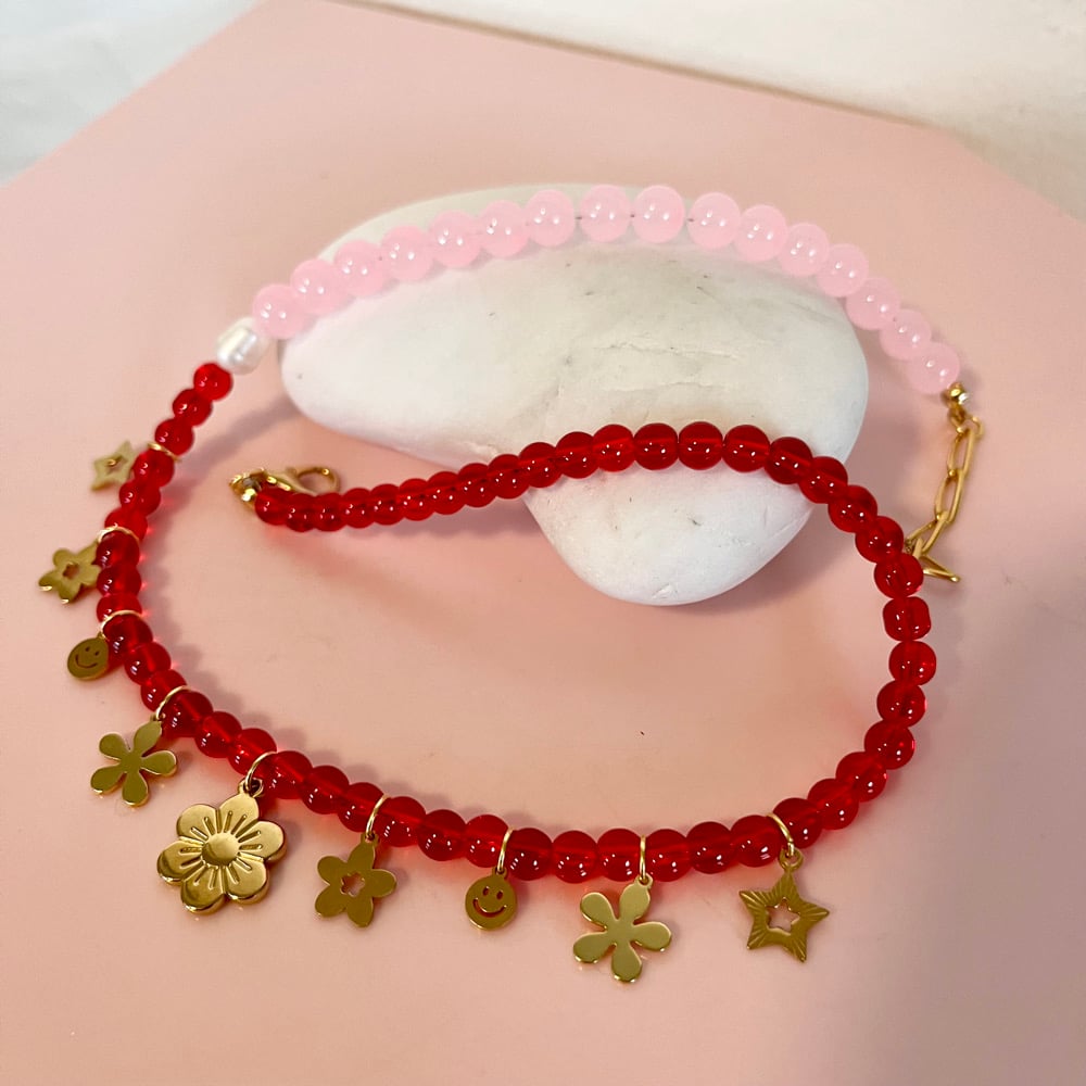 Image of Red and Pink Beaded Necklace with Gold Flower Charms