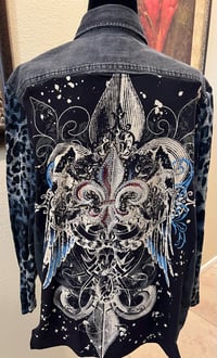 Image 1 of Vintage Funky Acid Black Denim Leopard Print Sleeve Shirt Crystal Fleur de Lis