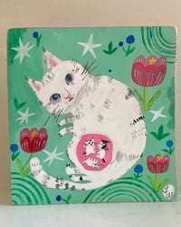 Image 1 of original painting-pregnant cat with tulips 