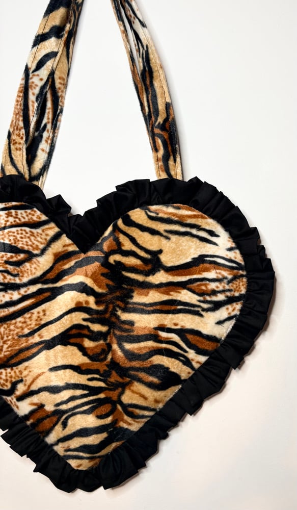 Image of 🐅 Tiger Velvet Heart Bag with Black Ruffle Trim – Y2K Statement Tote