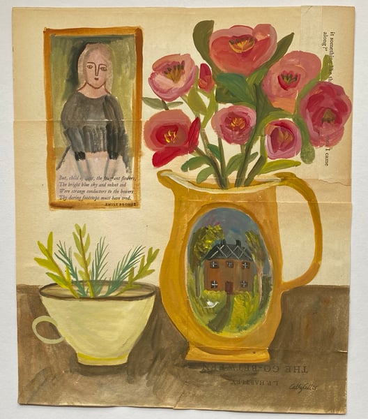 Image of roses in a cottage jug with a cup of herbs