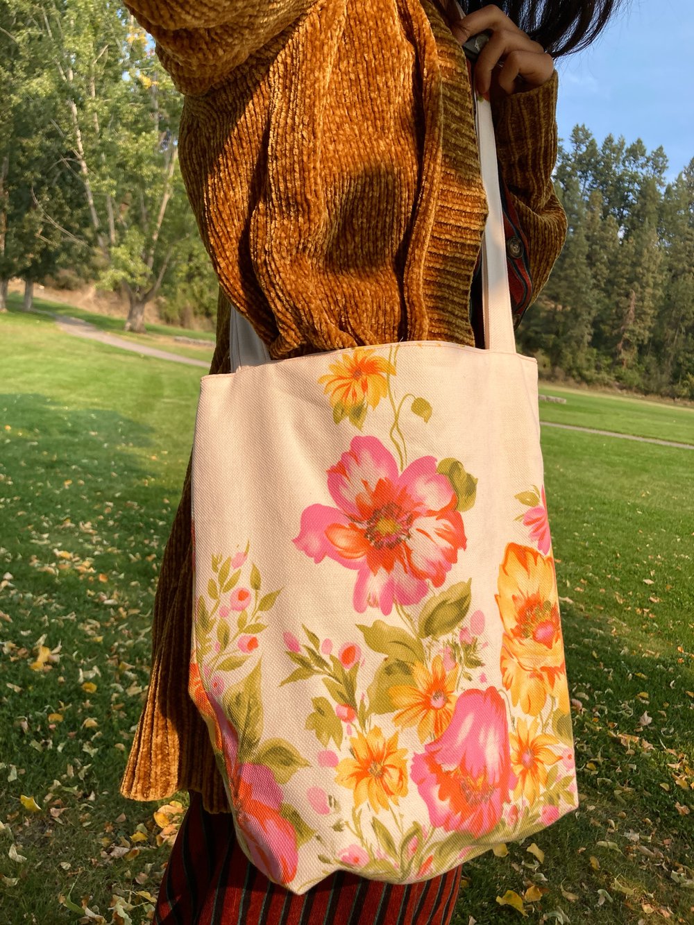 Image of Pink, Orange, and Yellow Cotton Floral Tote