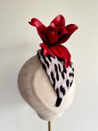Image 2 of Leopard fabric covered headpiece w large red flower