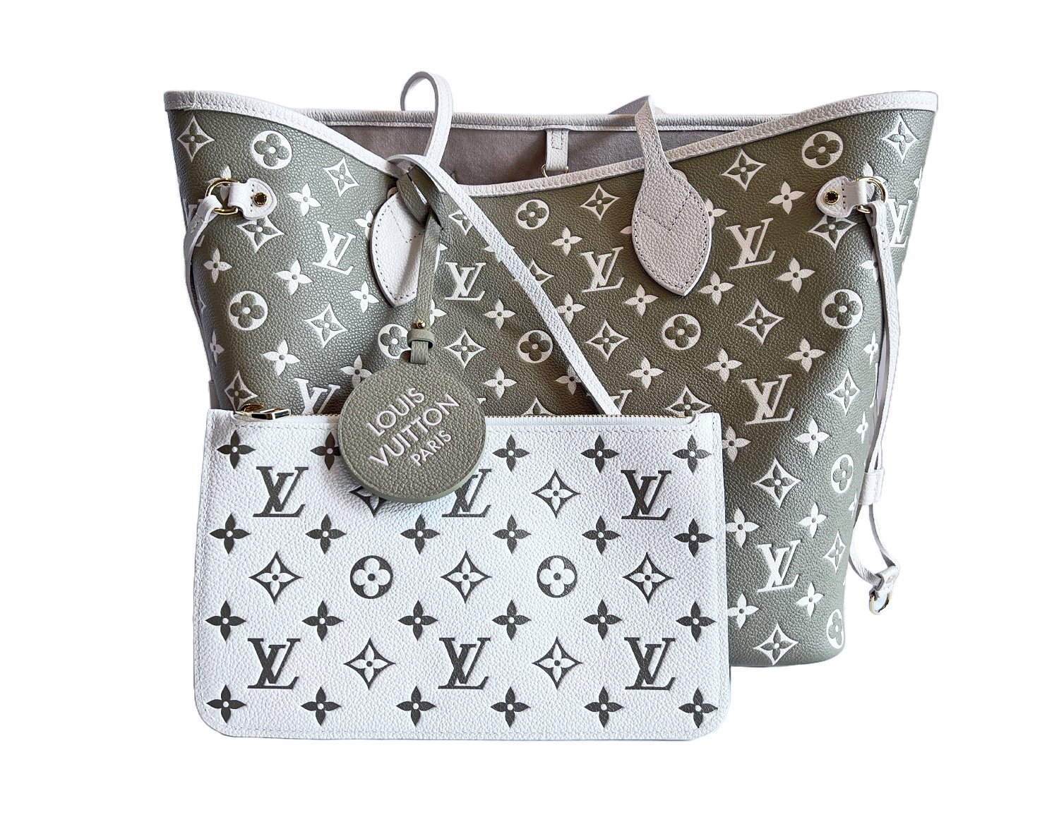 Image of Louis Vuitton Neverfull MM Kaki Beige Monogram Empreinte Tote 107-752
