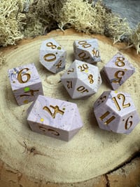 Image 2 of Handmade Jesmonite Dice Set | Pastel Purple and Gold Glitter D&D Dice