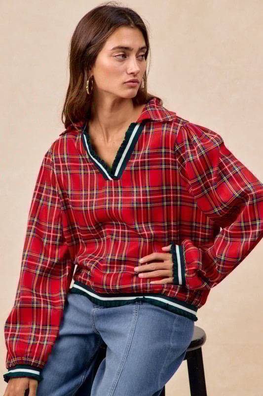 Image of Festive Red Plaid V-Neck Top
