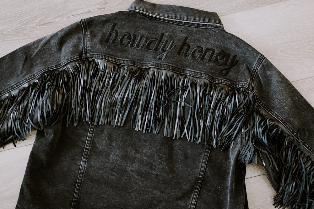 Image of Howdy Honey Fringe Denim Jacket - Black On Black