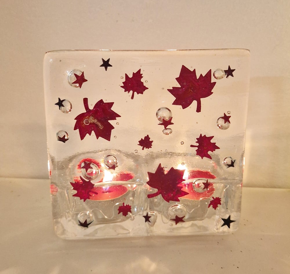 Image of Fused Glass Copper Leaf Tea Light Holder