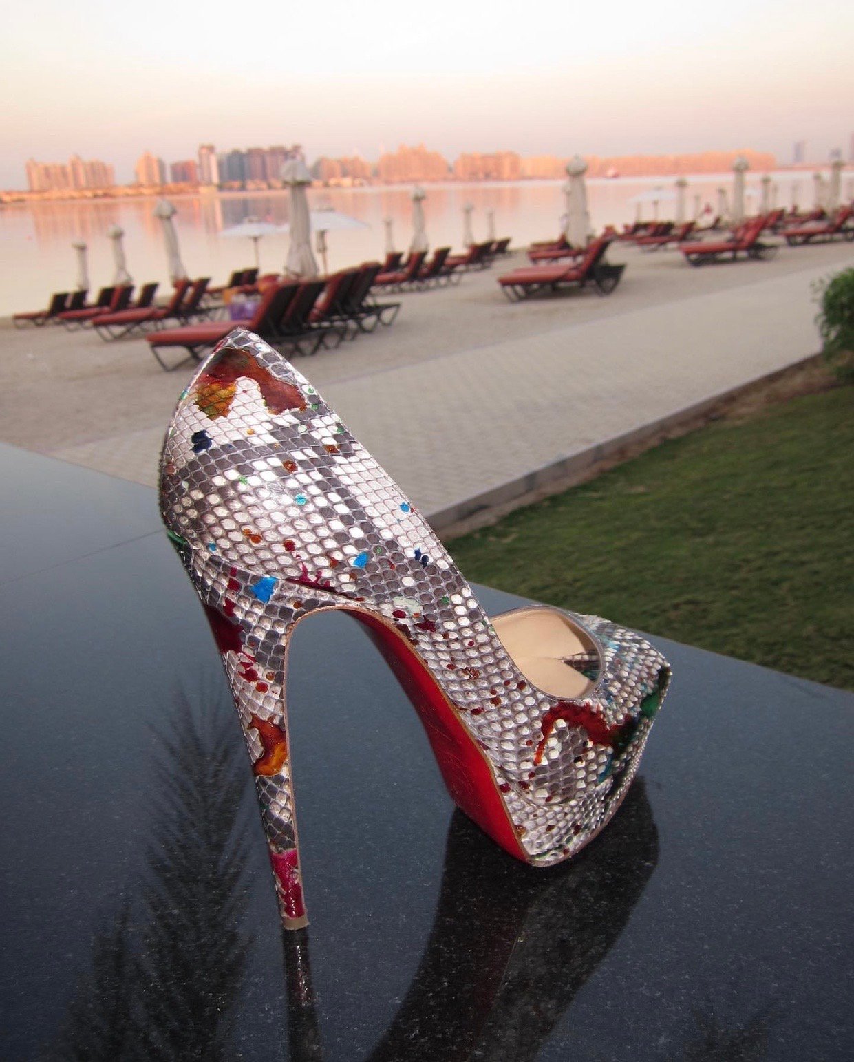 Image of LOUBOUTIN PAINT-SPLATTERED PYTHON PEEP TOE (EU 41)