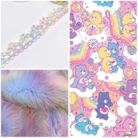 Retro Bear print rainbow pom pom bonnet handmade to order 