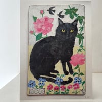 Image 1 of A5 print -black cat in the garden 