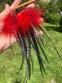 Image 2 of Feather Earrings, Festival Earrings, Colorful Dangle Earrings, Feather Drop Earrings Red Black White