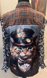 Image 1 of Vintage Funky Sleeve Green/Orange/Brown Flannel Shirt Leopard Print Sleeves Me. Steam Punk Cat