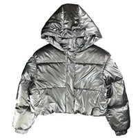 Image 10 of Zara Wind Protection Cropped Silver Puffer Jacket (Women’s M)