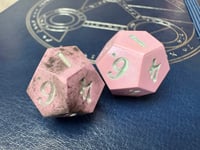 Image 2 of Pastel Pink Shimmer Hope and Fear Dice | Handmade Pair of D12 Dice