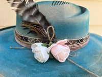 Image 4 of Handmade Torch Burned Blue Fedora Hat, Roses & Feathers
