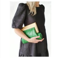 Image 1 of Emeral Green Leather & Timber Clutch 